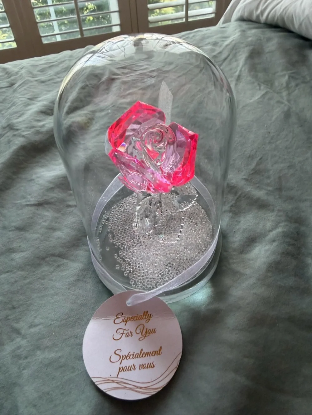 Crystal Pink Rose Dome Decorative Accent
